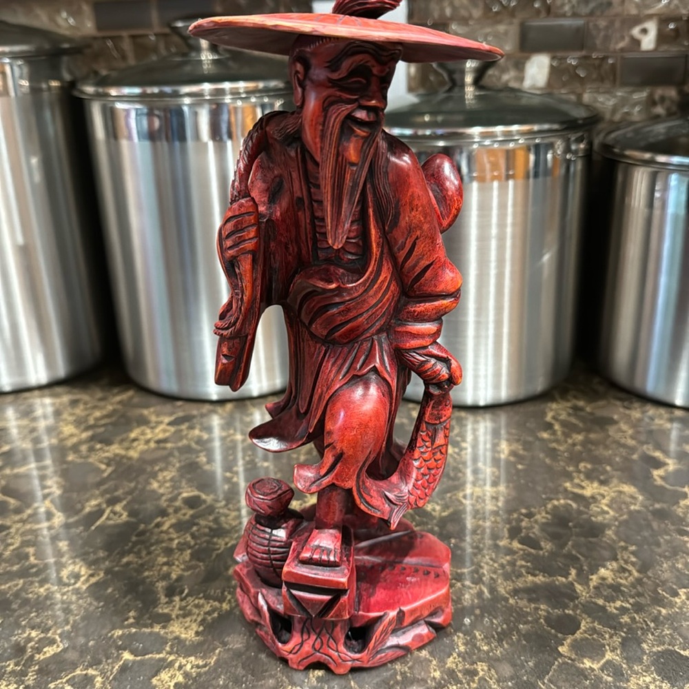 Chinese 1900-1940 Antique red rosewood carved fisherman statue EUC Vintage
